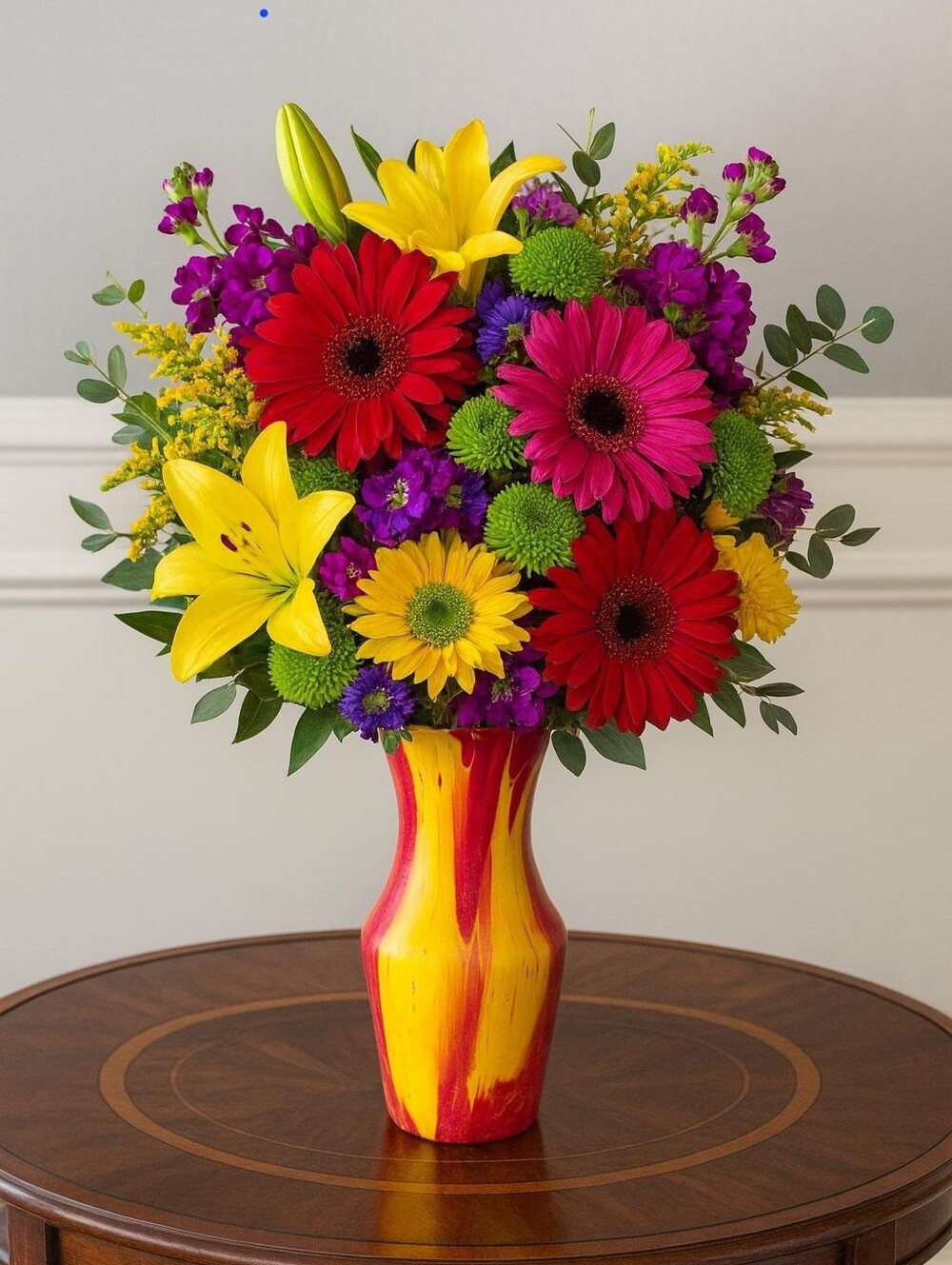 Floral Arrangement in Red and Yellow Vase Hand Poured